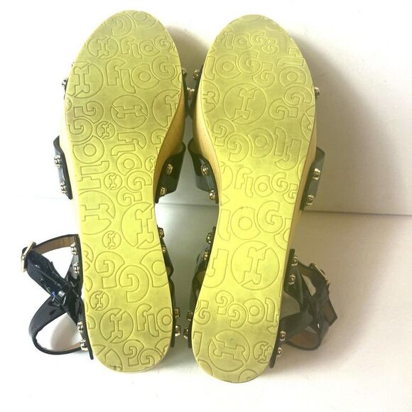 Flogg Glossy Black Neon Green Open Toe Ankle Strap Platform Sandals Women's Sz 7 - Picture 10 of 11